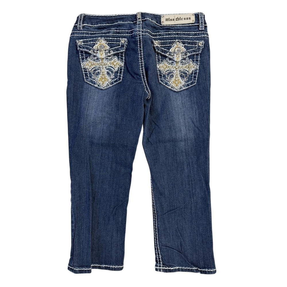 Miss Chic Y2K Cross Rhinestone Capri Jeans Womens Size 11 Blue Denim Embellished